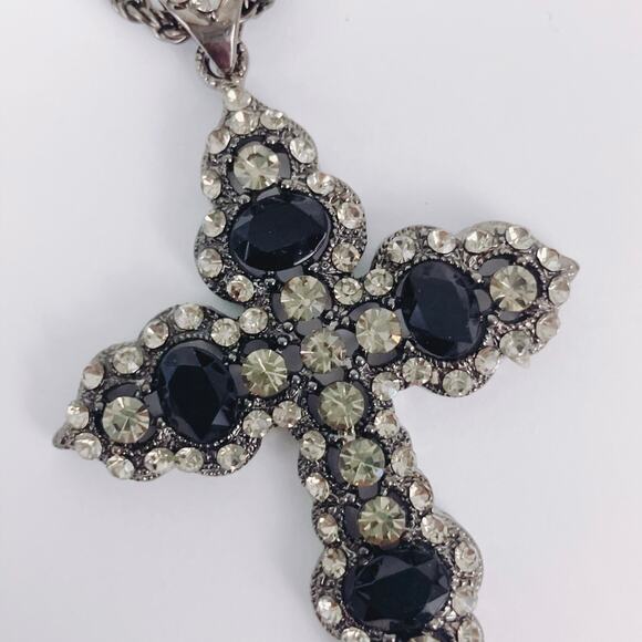 Gothic Cross Necklace Black Glass Rhinestone Silver Tone Statement Faith Pendant - Picture 12 of 13